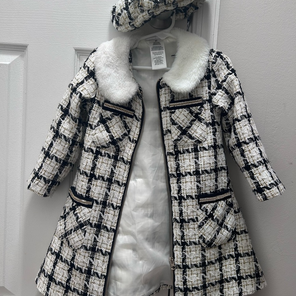 4T Chic Black and White Plaid Coat with Faux Fur Collar